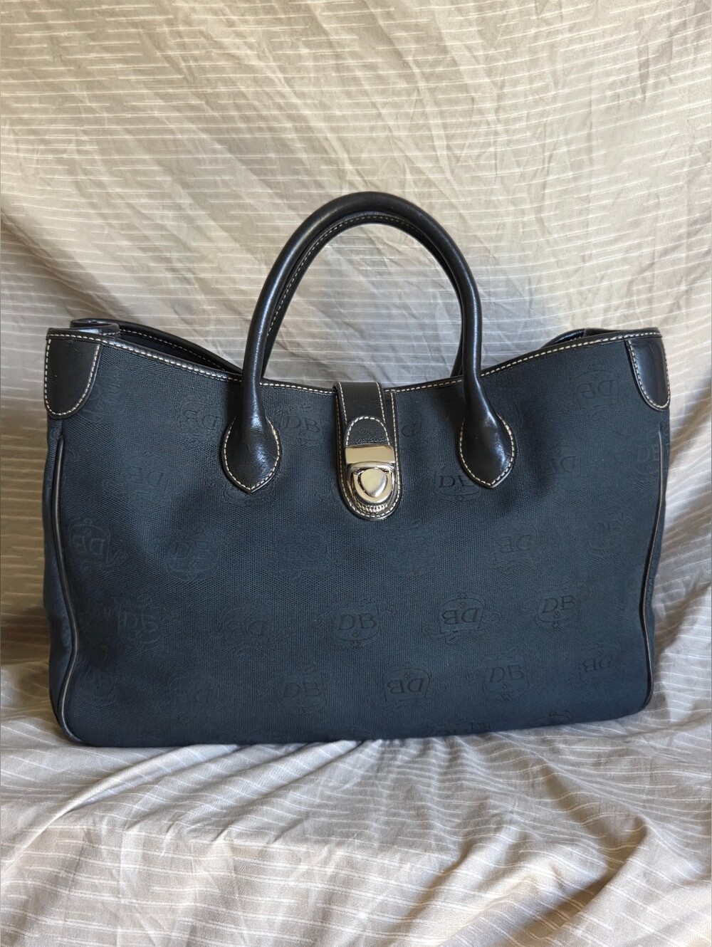 Vintage Dooney & Bourke Black Monogram Tote Satchel, Silver Clasp